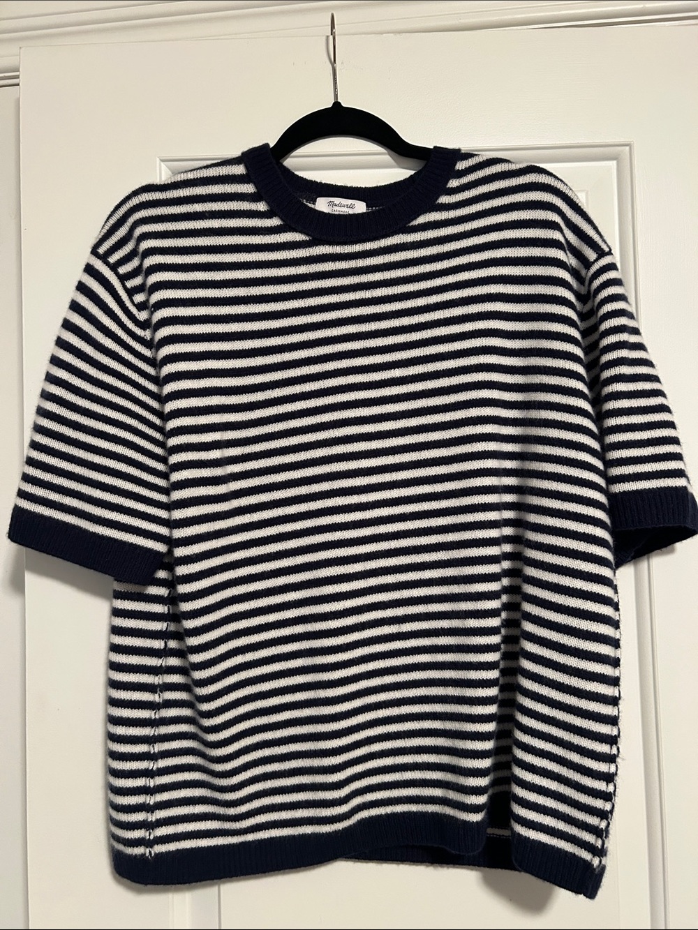 Madewell Navy and White Striped Short-Sleeve Crewneck Sweater